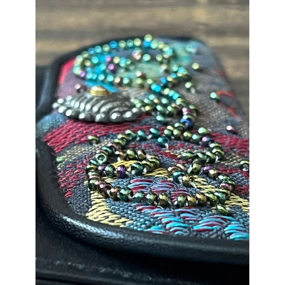 Brighton Black Leather Embroidered & Beaded Compact Wallet Card Case with Snap